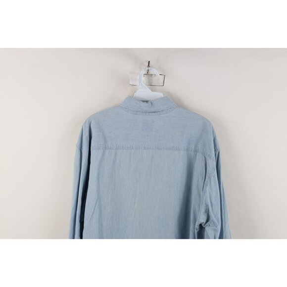 Vtg 90s Gap Mens Medium Distressed Denim Jean Collared Button Down Shirt Blue - Picture 12 of 13